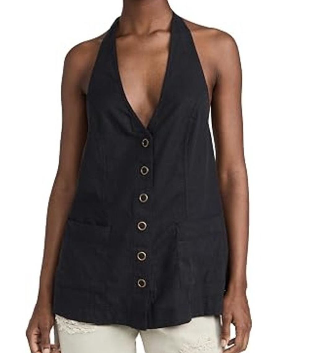 Black Halter Button-Front Women's Top